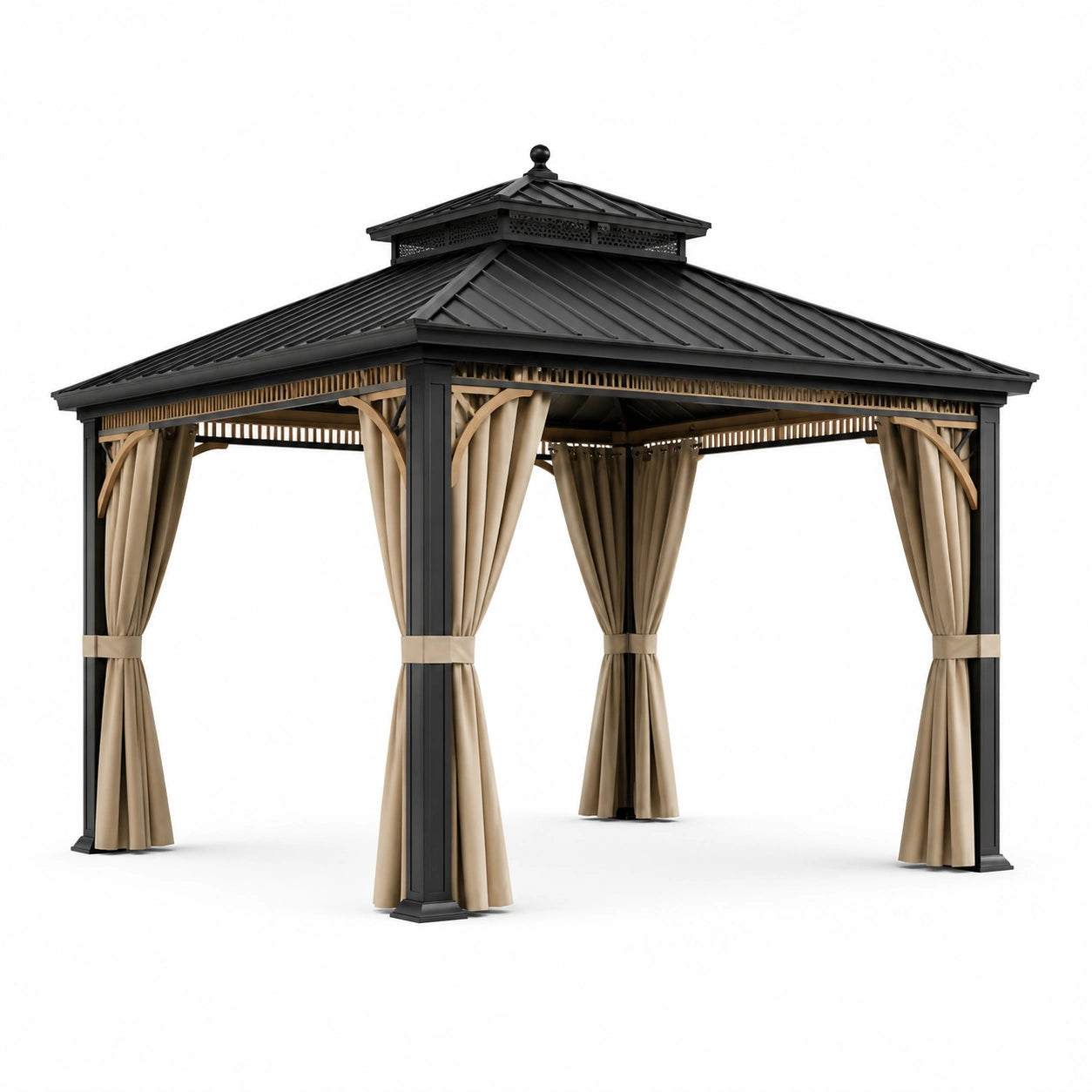 Pavillon en aluminium noir avec rideaux en polyester beige