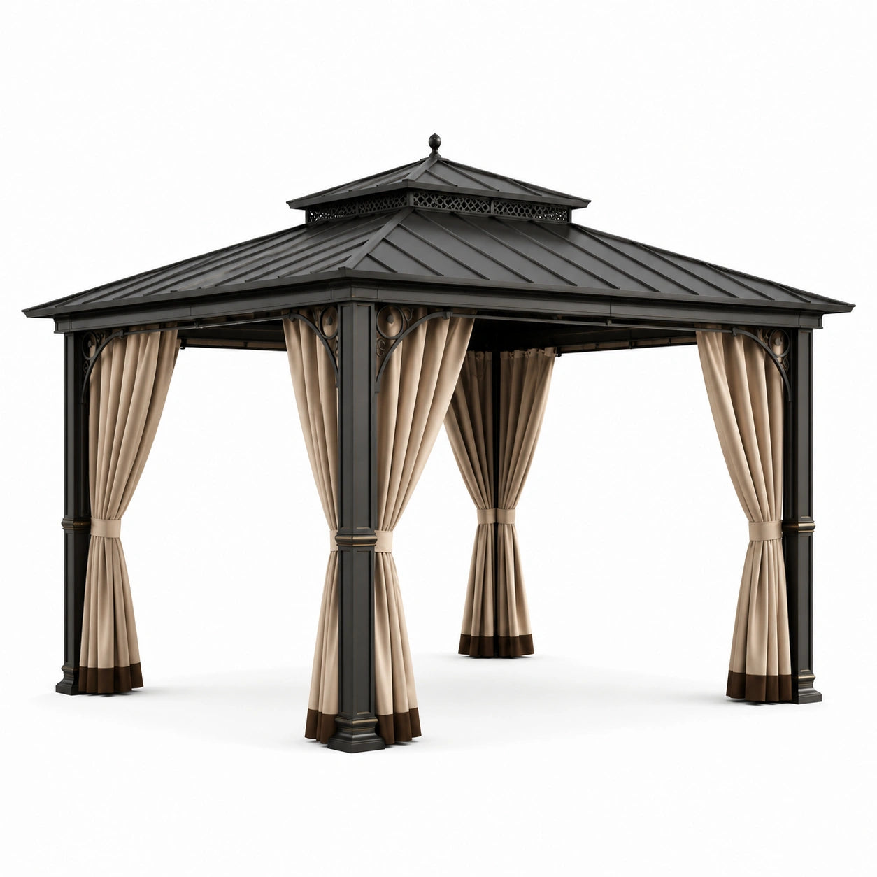 Pavillon de jardin en métal avec rideaux en tissu beige 3x3m