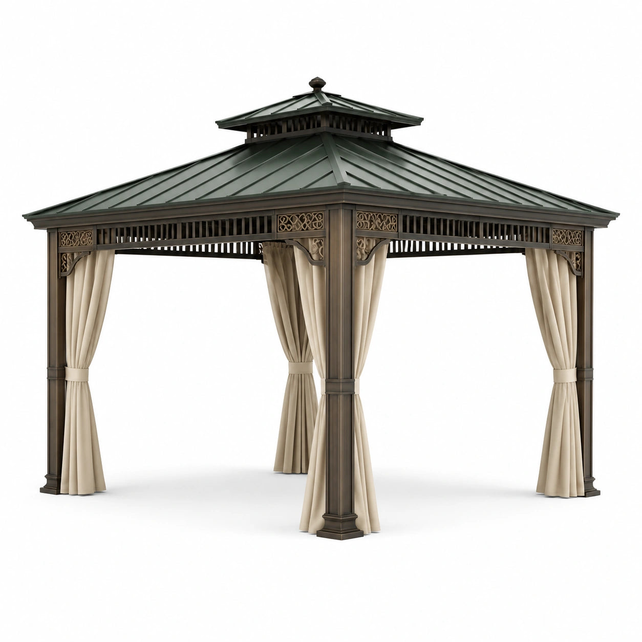 Pavillon de jardin en aluminium avec toit en acier et rideaux en polyester 3m x 3m