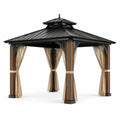 Pavillon en métal et bois avec rideaux en polyester, 3x3m, noir et brun