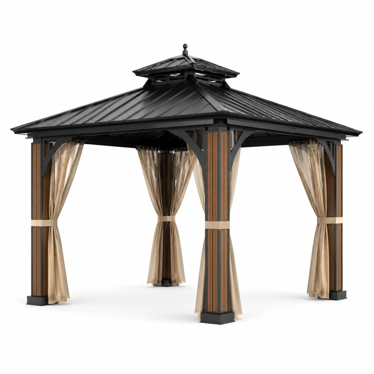 Pavillon en métal et bois avec rideaux en polyester, 3x3m, noir et brun