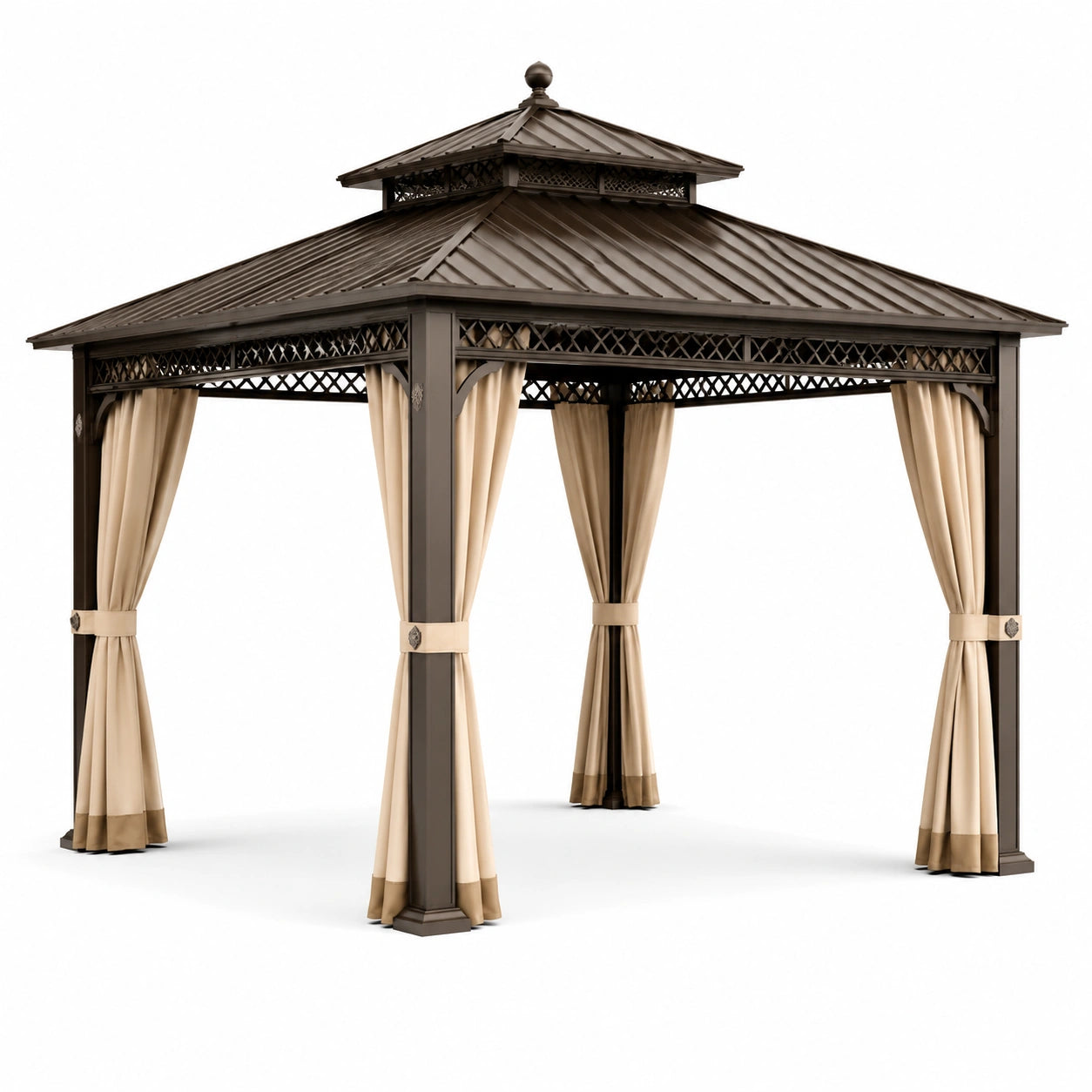 Tonnelle de jardin en acier avec toit en métal et rideaux en polyester
