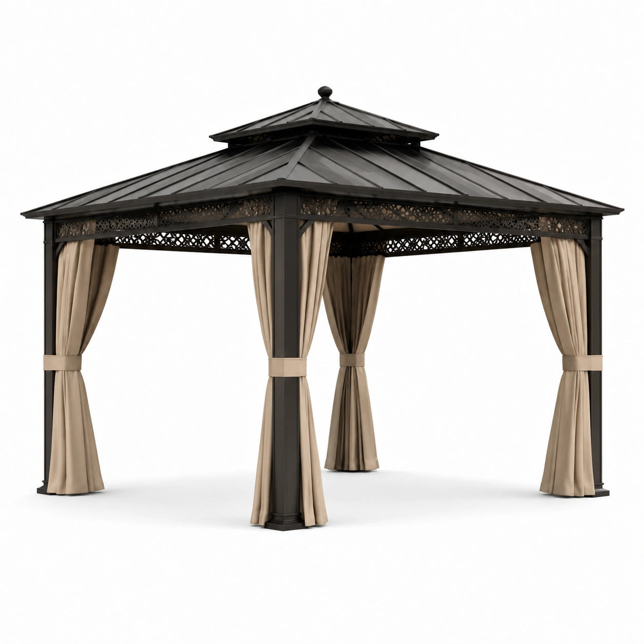 Pavillon en aluminium noir avec toit en acier et rideaux en polyester beige 3x4m