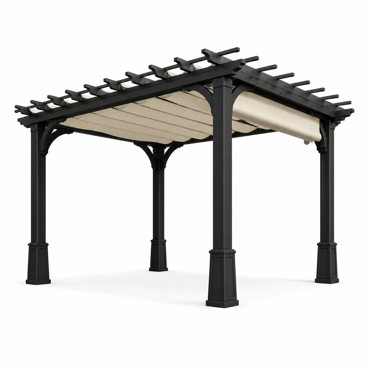 Pergola en aluminium noir avec toit en tissu polyester beige