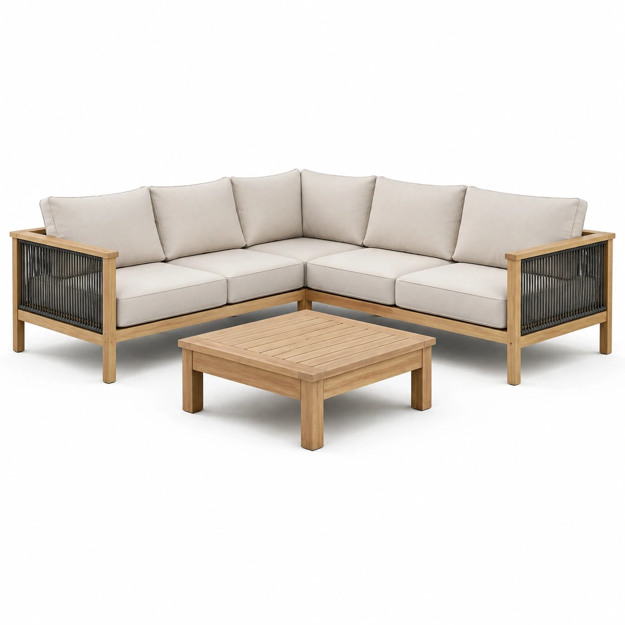 Ensemble de salon de jardin en bois avec coussins en polyester beige