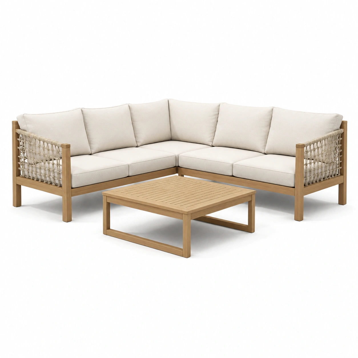 Ensemble de salon de jardin en bois avec coussins en tissu blanc crème
