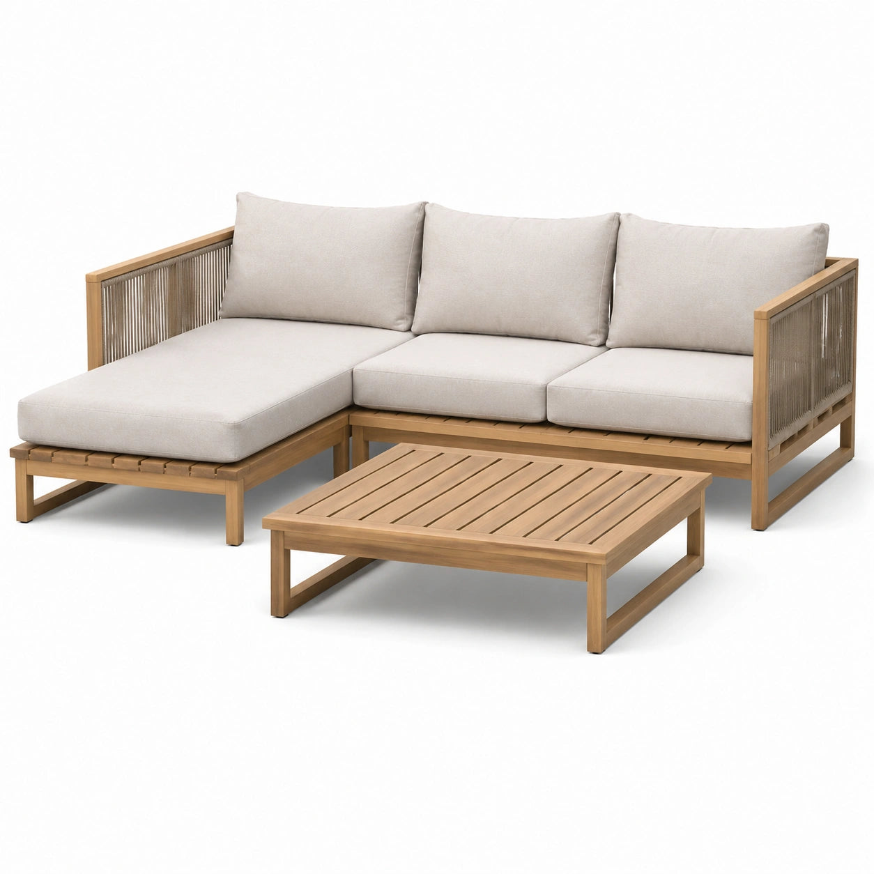Ensemble de jardin en bois avec coussins beige