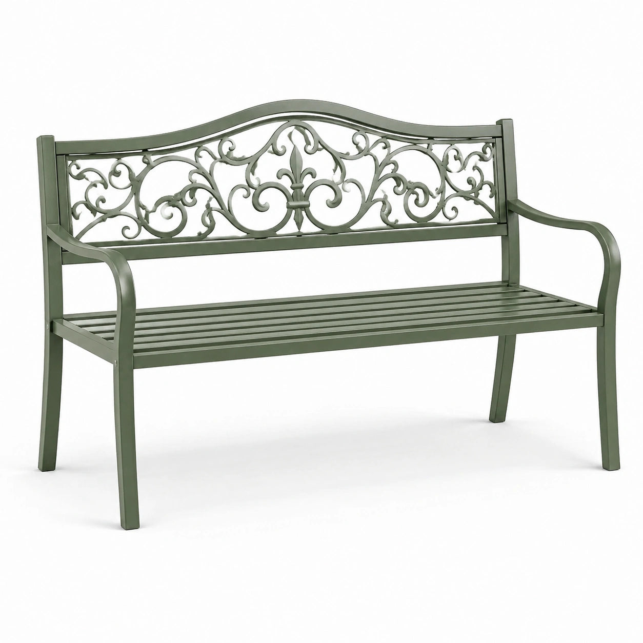 Banc de jardin en métal vert avec dossier décoratif