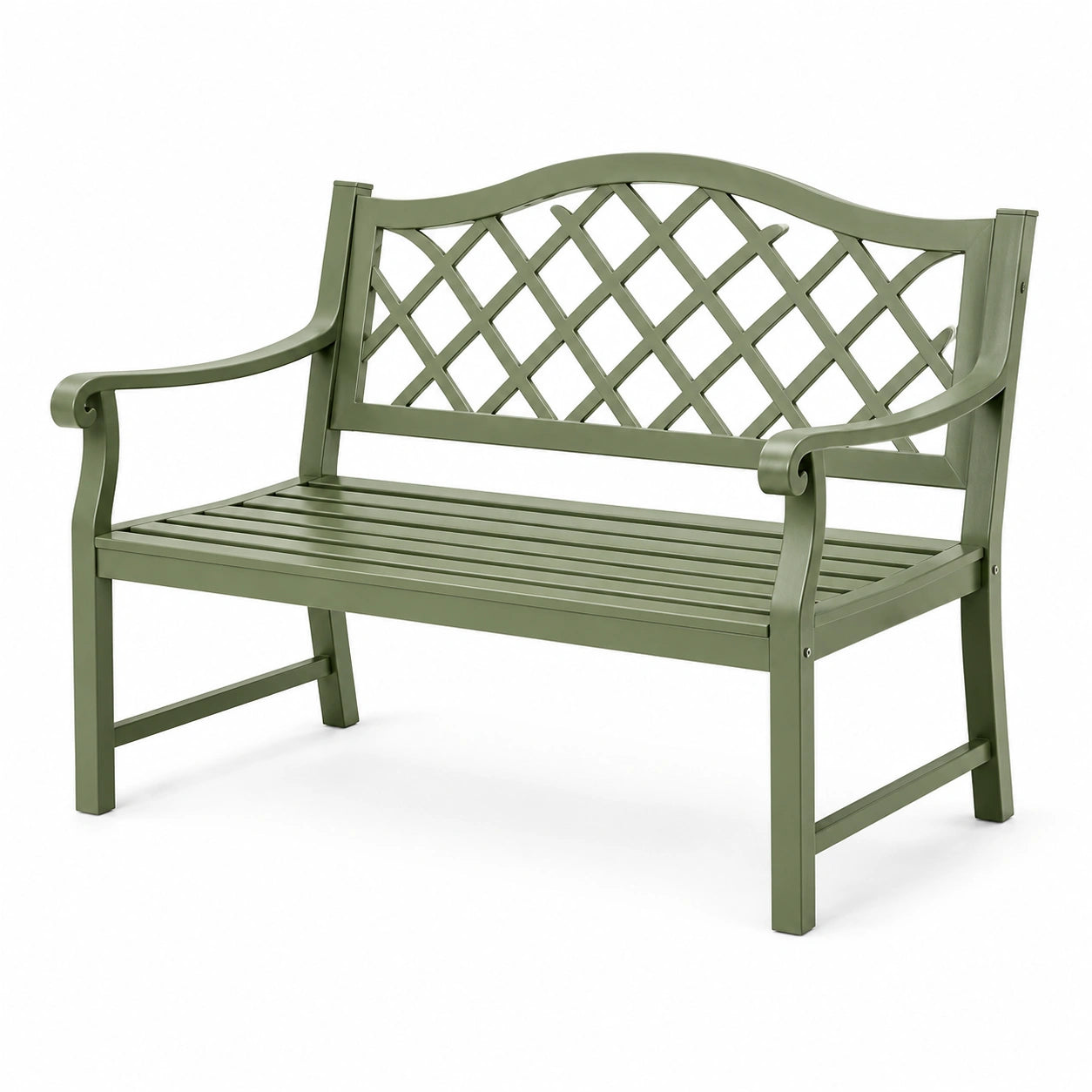 Banc de jardin en métal vert olive avec dossier à treillis