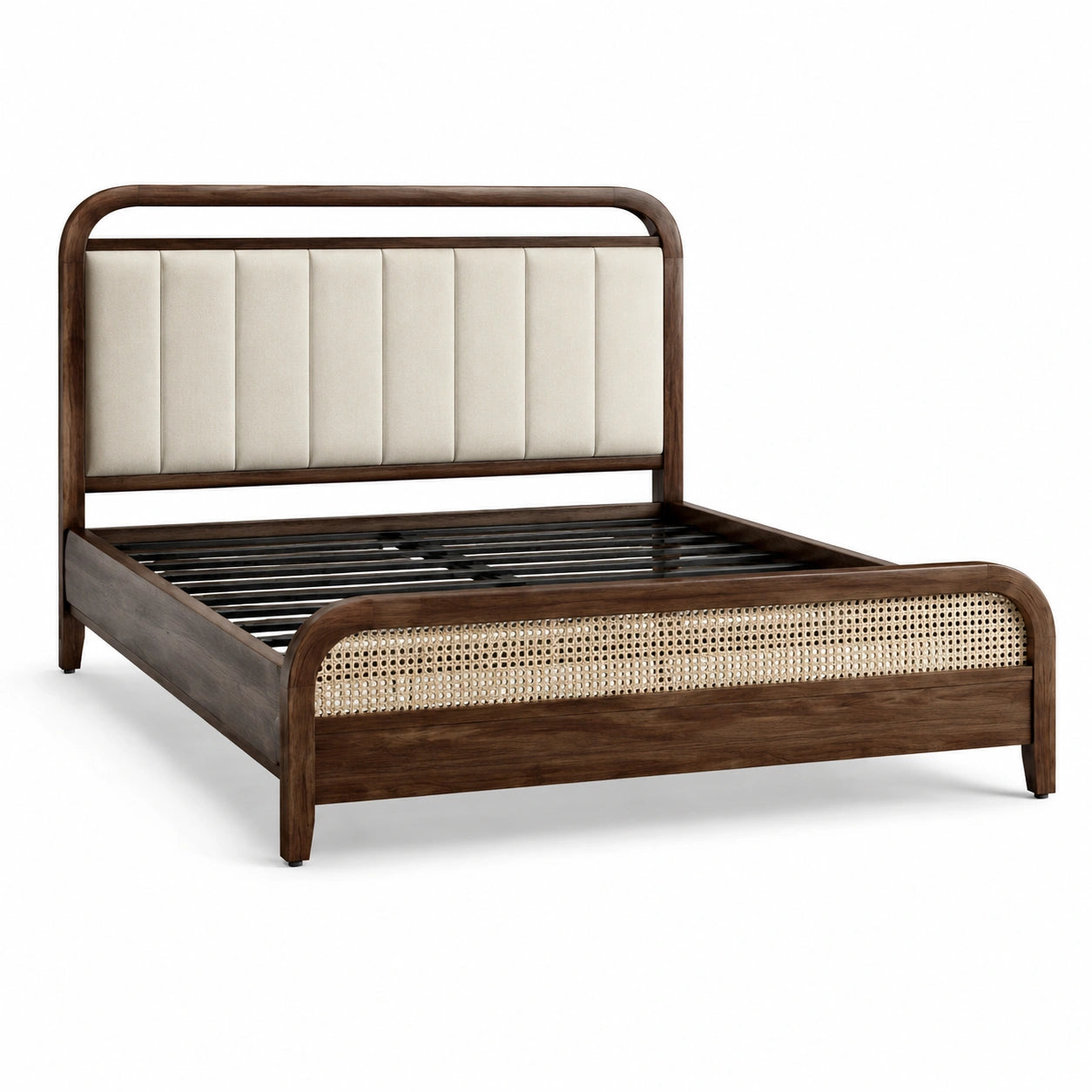 Cadre de lit en bois et rotin avec tête en tissu beige