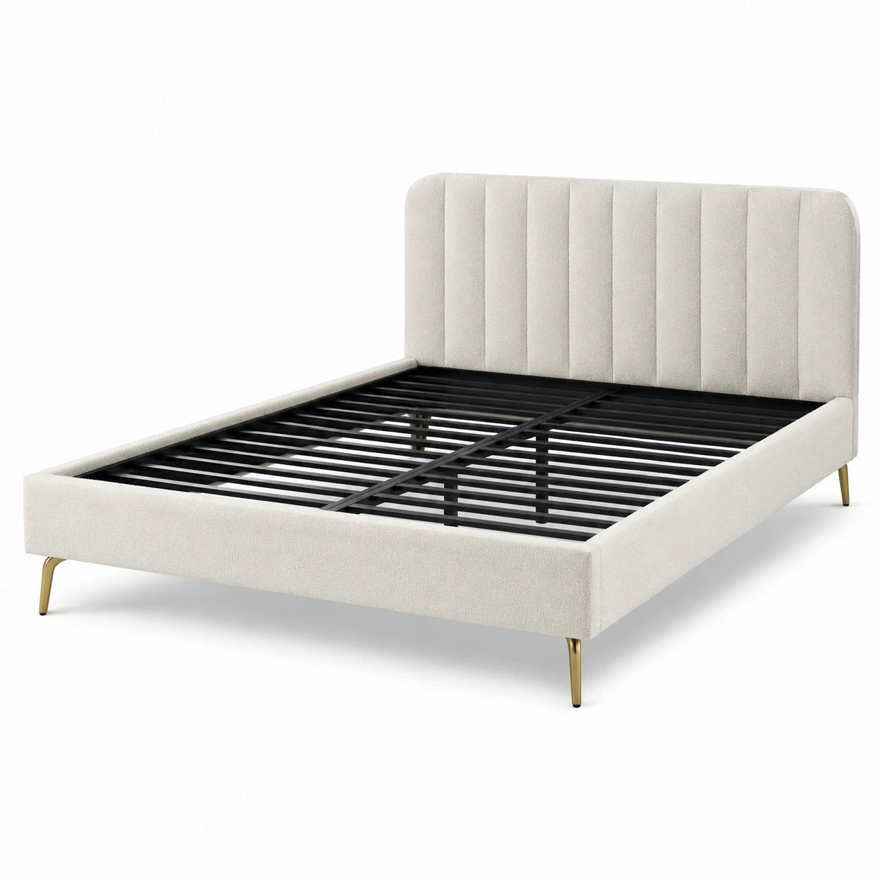 Cadre de lit double en tissu avec tête de lit rembourrée et pieds métalliques dorés 140x190 cm