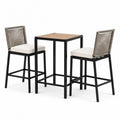 Ensemble de table haute en métal et bois avec tabourets en corde et coussins
