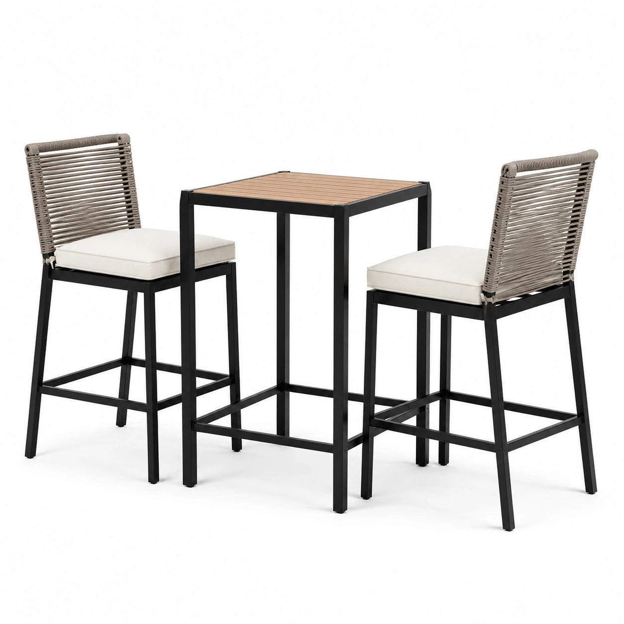 Ensemble de table haute en métal et bois avec tabourets en corde et coussins