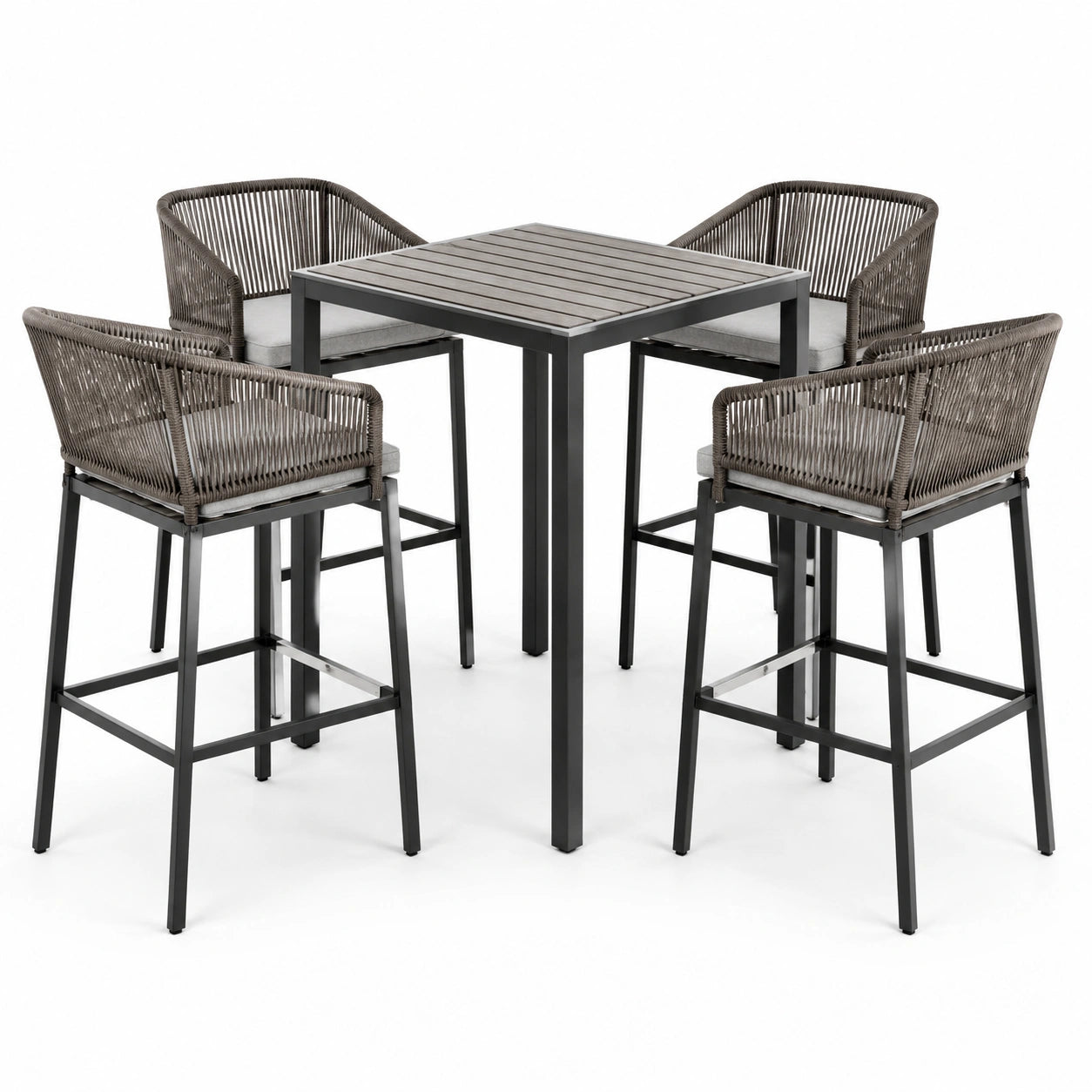 Ensemble de bar en métal avec tabourets en corde tressée marron