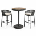 Ensemble table haute et tabourets en aluminium et corde noire avec plateau en teck, diamètre 90 cm