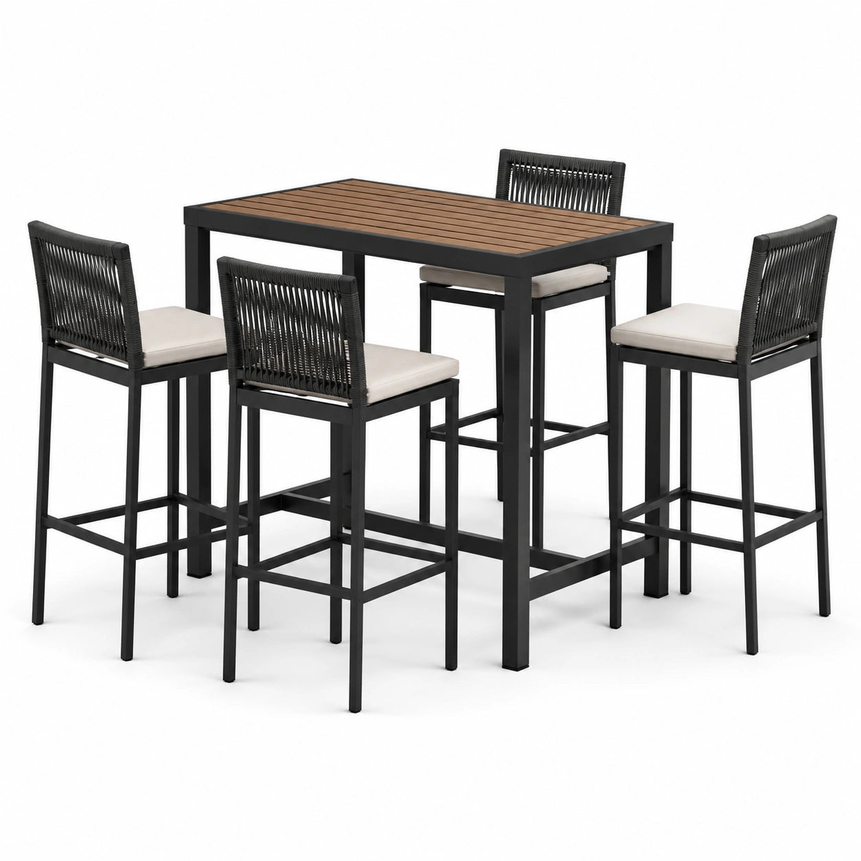 Ensemble table haute et tabourets en métal et bois 5 pièces noir/marron