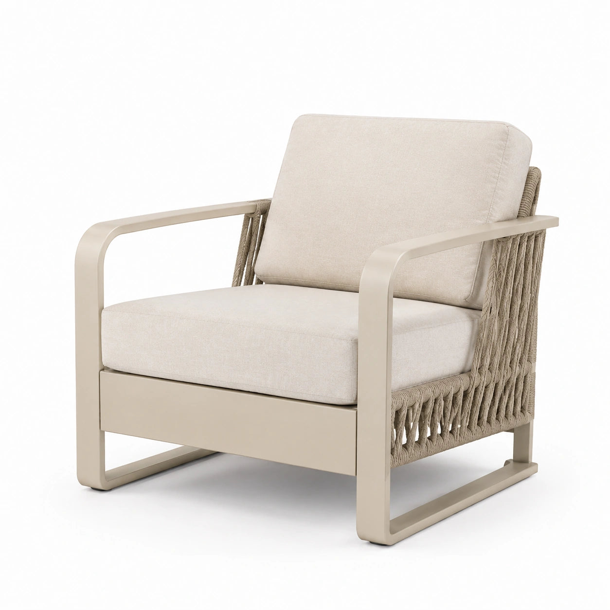 Fauteuil en métal et corde avec coussins en tissu beige