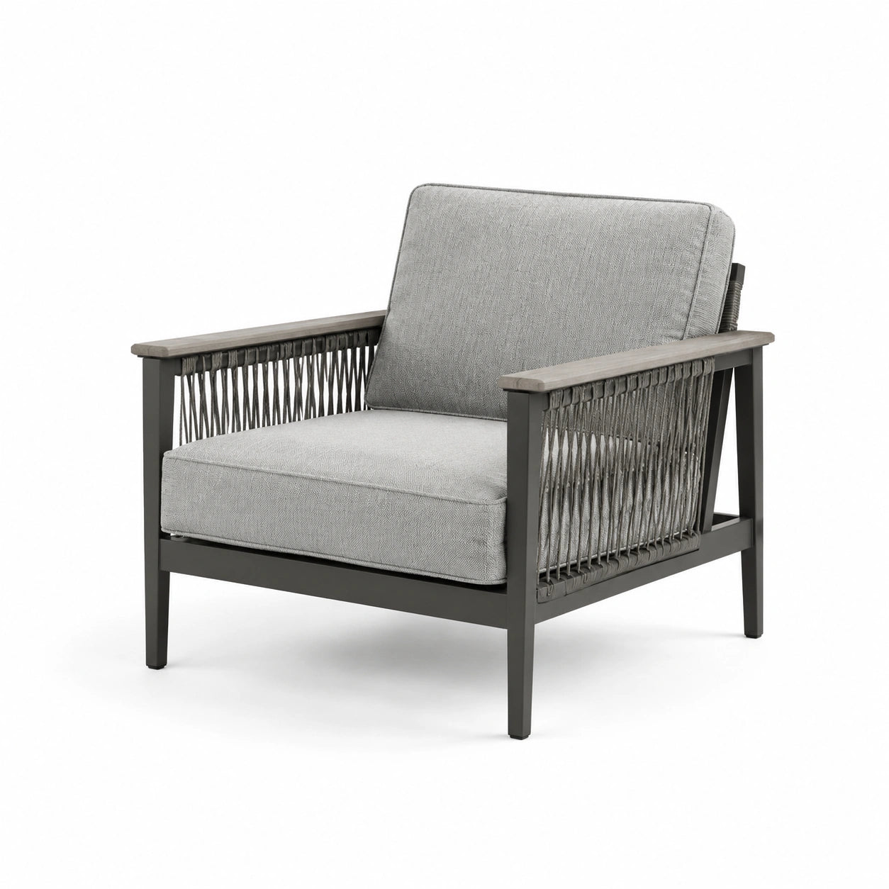 Fauteuil extérieur en métal et corde avec coussins gris