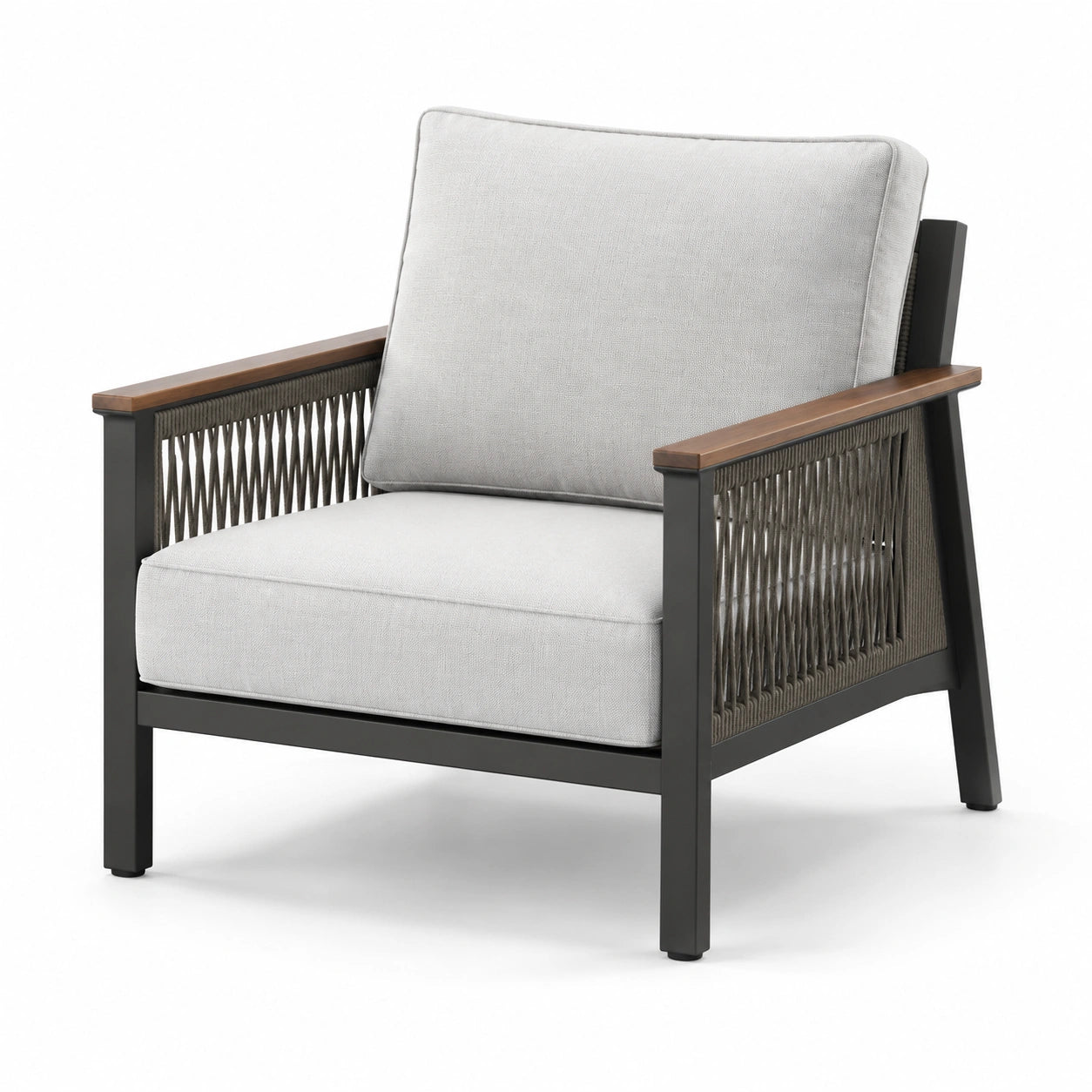 Fauteuil en métal et corde avec accoudoirs en bois et coussins gris