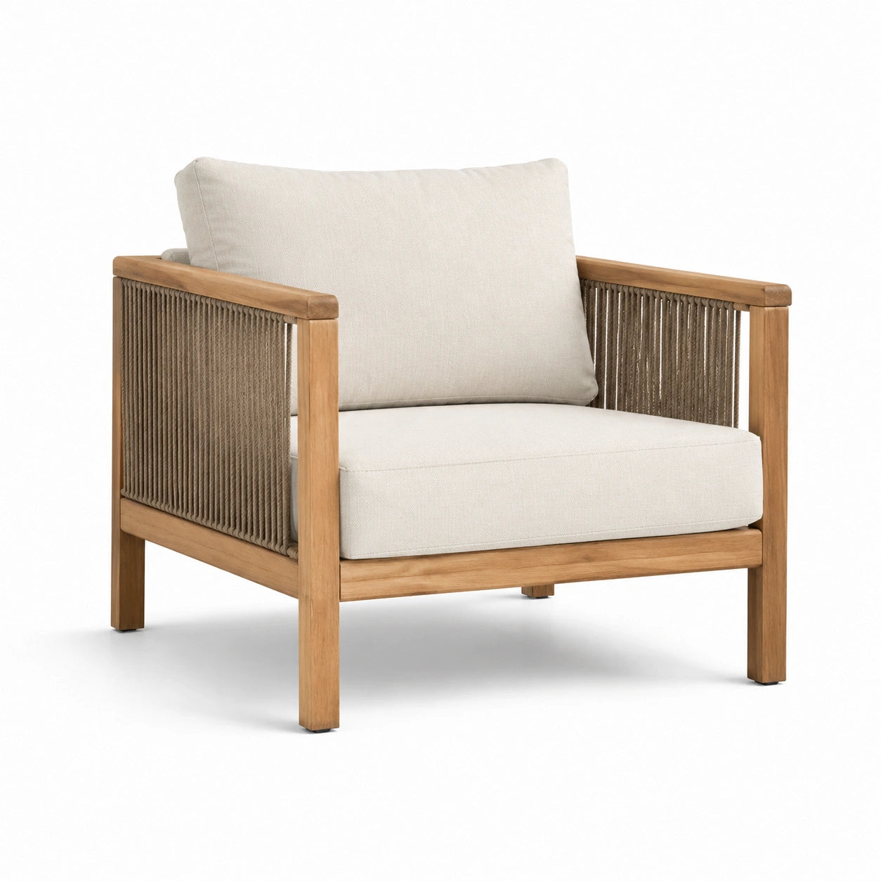 Fauteuil en bois de teck avec coussins en polyester beige