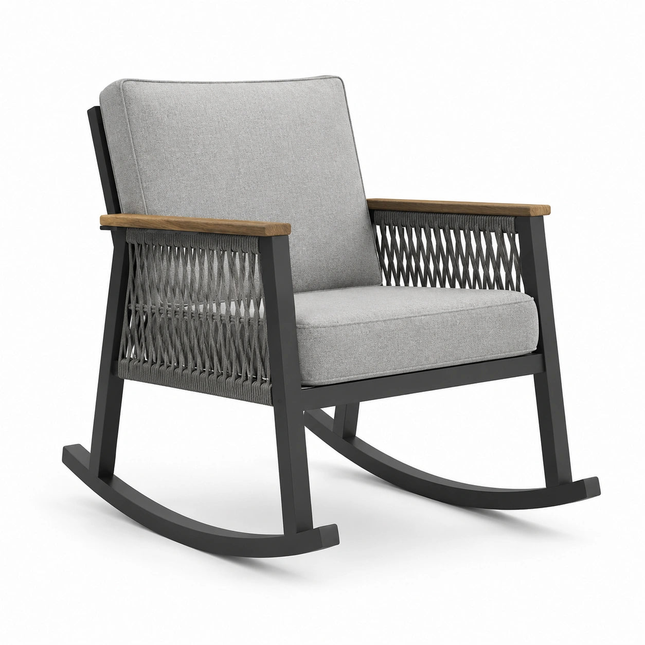 Fauteuil à bascule en aluminium et polyester gris avec accoudoirs en bois